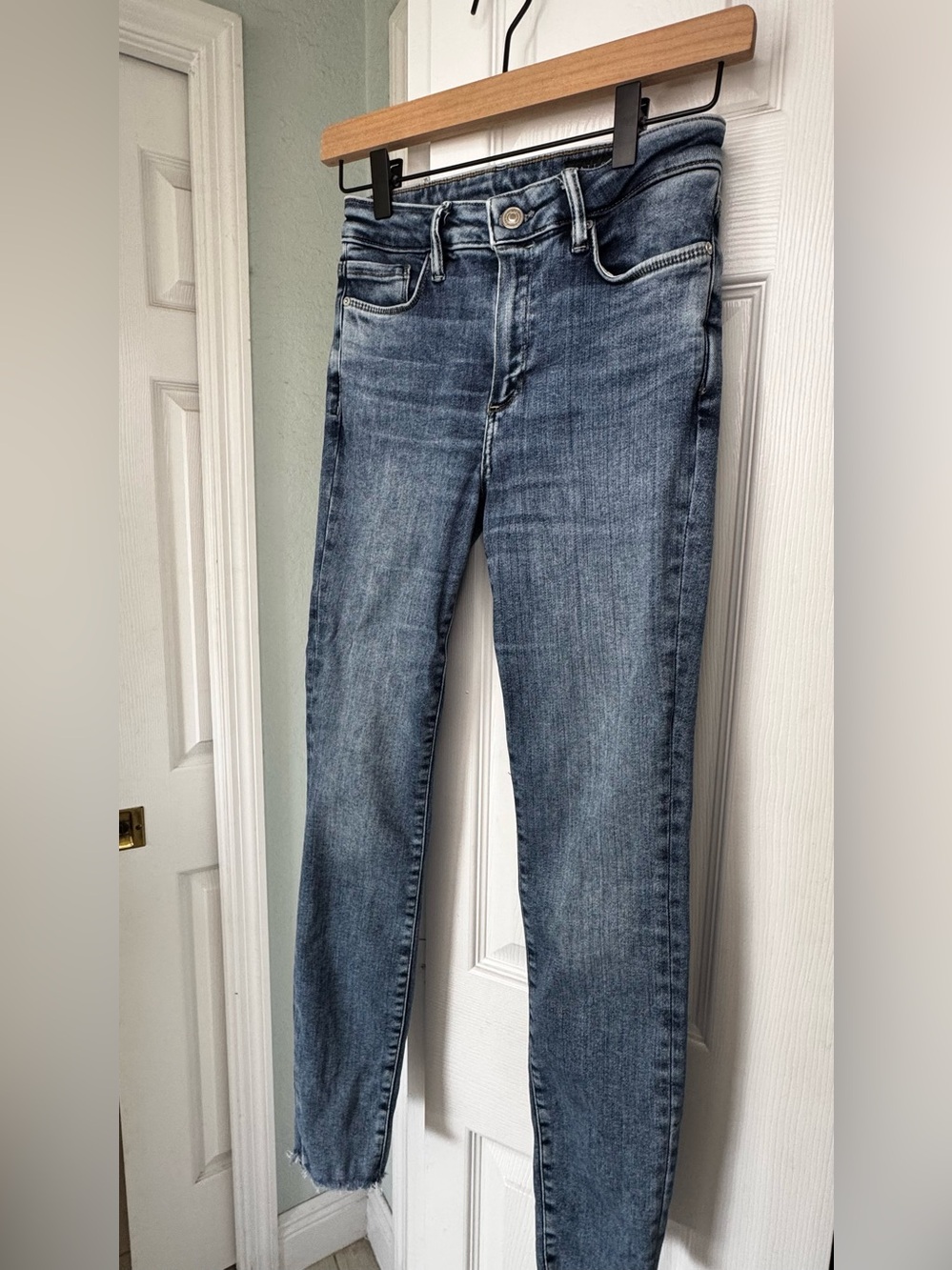 AllSaints Skinny Jeans Size S Blue Wash Raw Frayed Hem Stretch Ankle